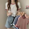 Women's Contrast Color Round Neck Short Sleeve T-Shirt - Slim Fit Summer Korean Style Top
