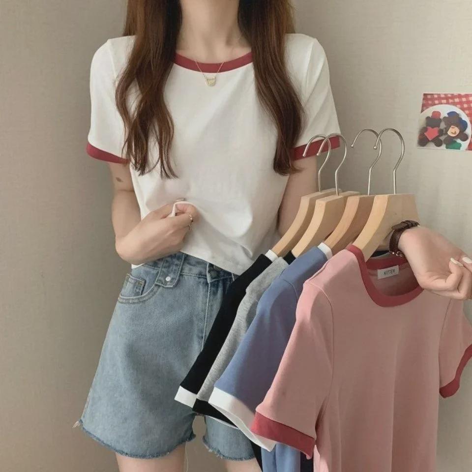 Women's Contrast Color Round Neck Short Sleeve T-Shirt - Slim Fit Summer Korean Style Top