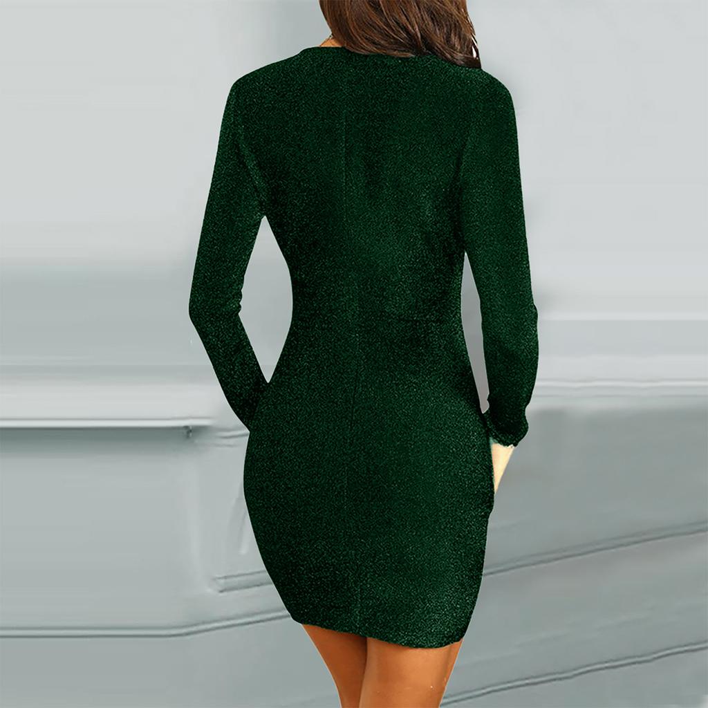 Женское однотонное блестящее вечернее платье с длинными рукавами и V-образным вырезом, сексуальная сумка на бедрах, платье длиной до колена
