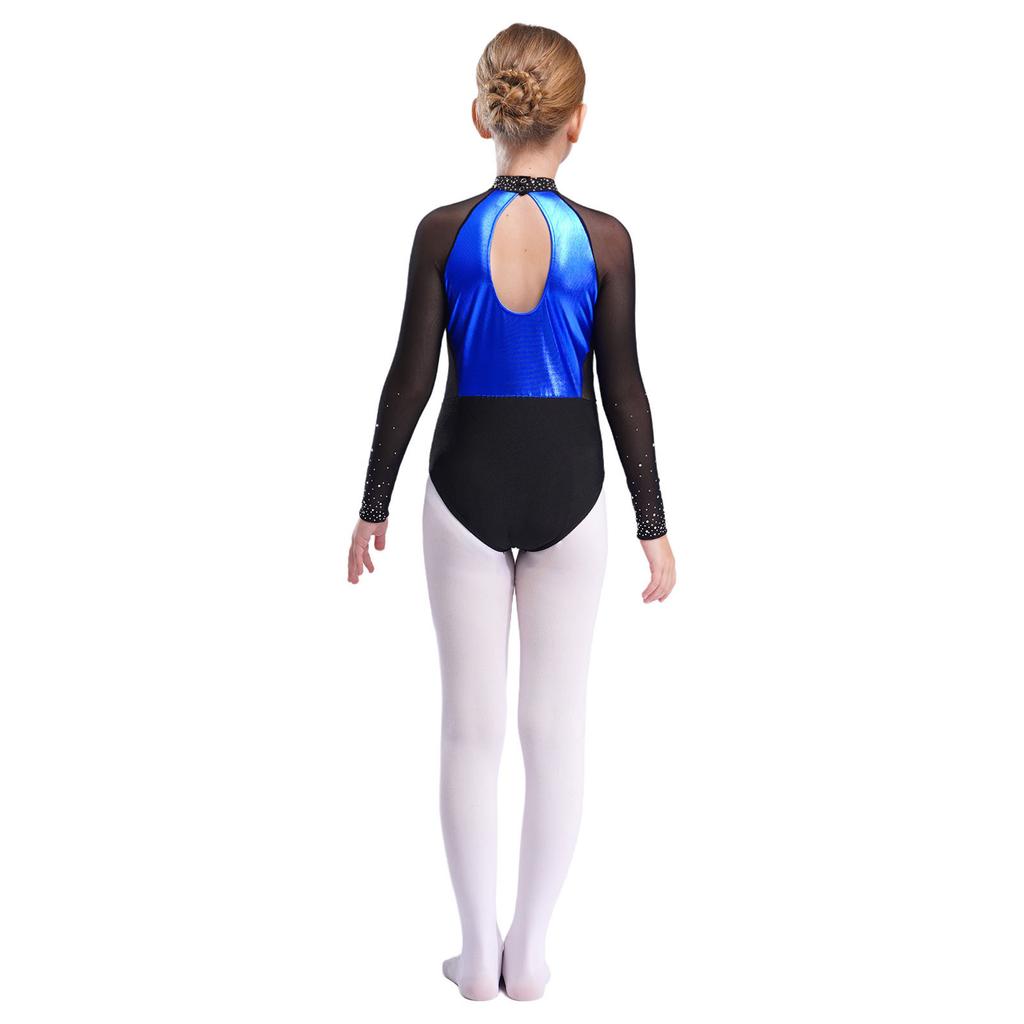 Girls Shiny Rhinestones Leotard Color Block Patchwork Keyhole Back Sheer Mesh Long Sleeve Bodysuit