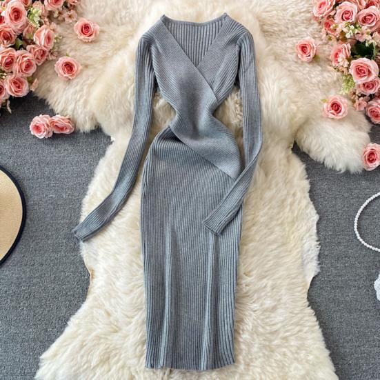 Женское осенне-весеннее платье трикотажное облегающее эластичное полосатое платье с V-образным вырезом в винтажном сплошном цвете с узкой талией противоусадочное платье-футляр миди с длинным рукавом вечерние