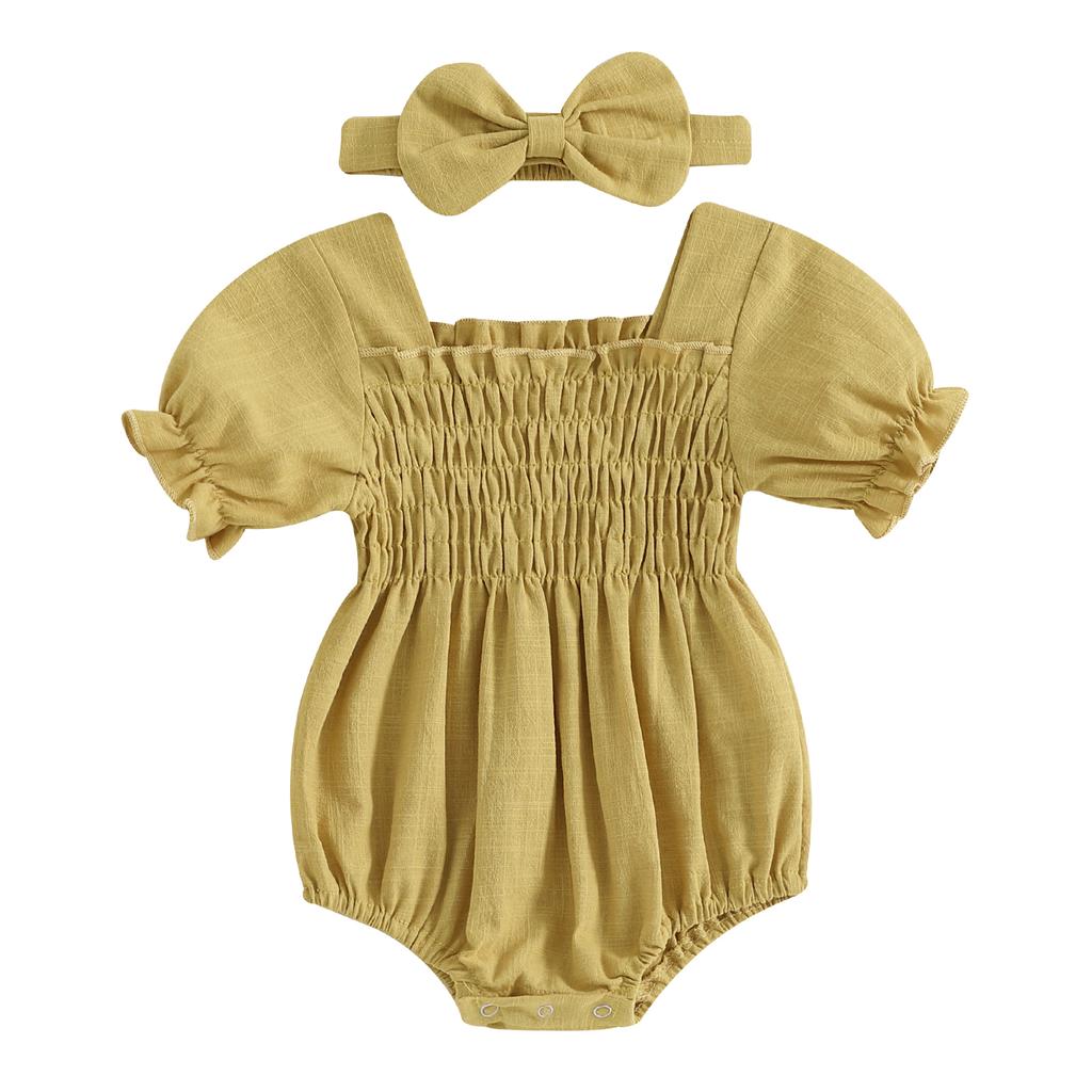 Летний комбинезон для младенцев и девочек, однотонный, с короткими рукавами, квадратным вырезом, присборенный, с бантом на голове