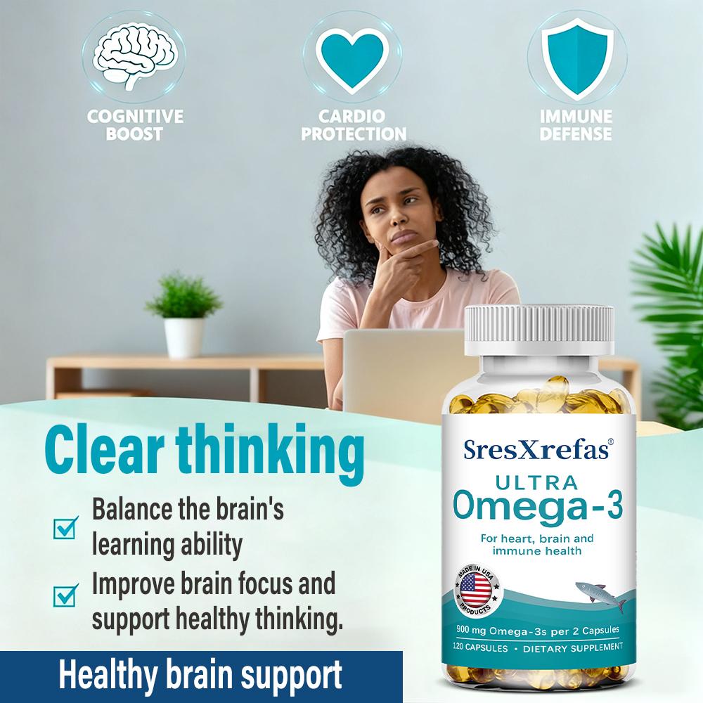 Pure, high-concentration Omega-3 fish oil, beneficial for heart, brain, and immune system health, 120 capsules.