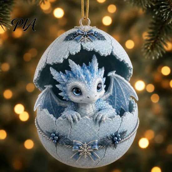 Decorative Acrylic Ornament Baby Dragon And Egg Christmas Ornament, 2D Flat Tree Hanging Decoration Decoration, Fantasy Pendant for Xmas Tree,