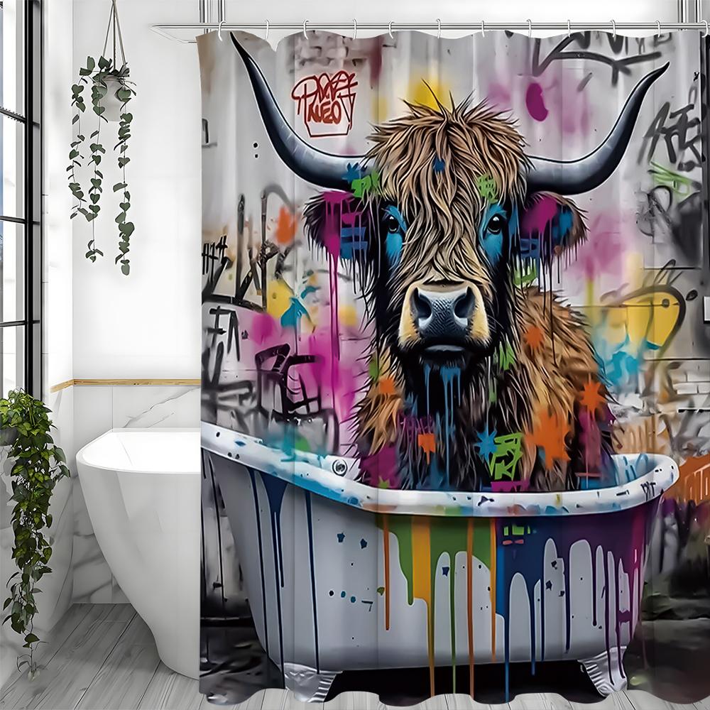 Colorful Modern Abstract Graffiti Creative Highland Cow Shower Curtain, Bathroom Decorative Shower Curtain, Waterproof Shower Cu