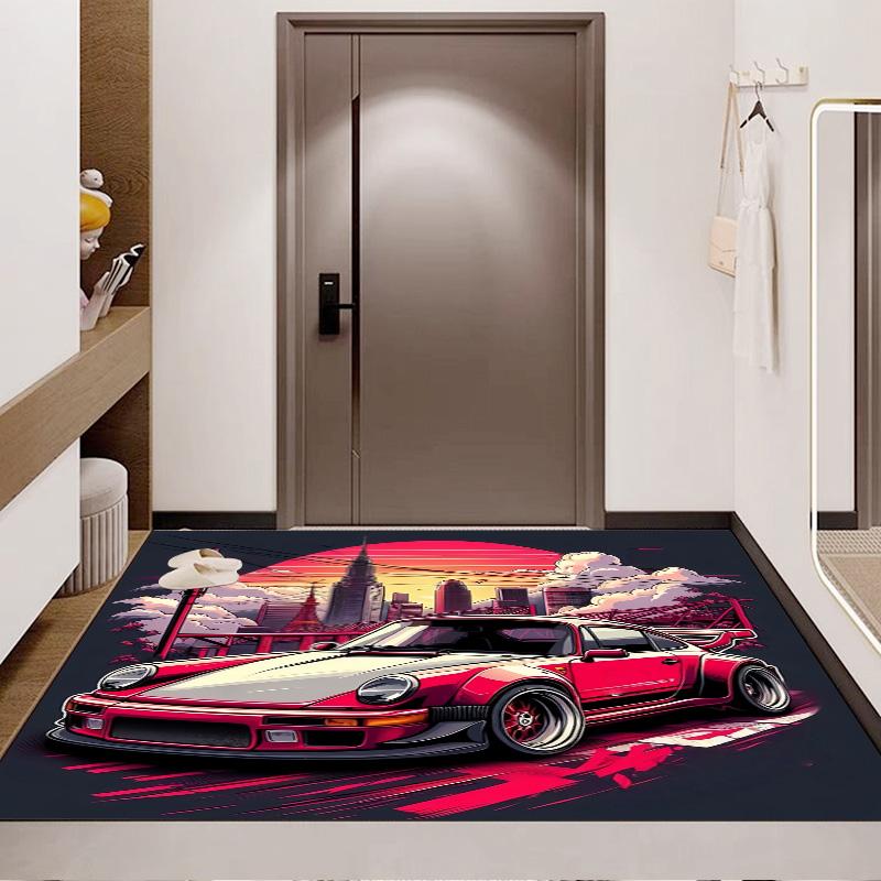 Red‑White Retro Sport Car City Sunset Print Area Rug Non‑Slip Rectangular Floor Mat Tuner Car Fan Decor for Gaming Bedroom Living Room