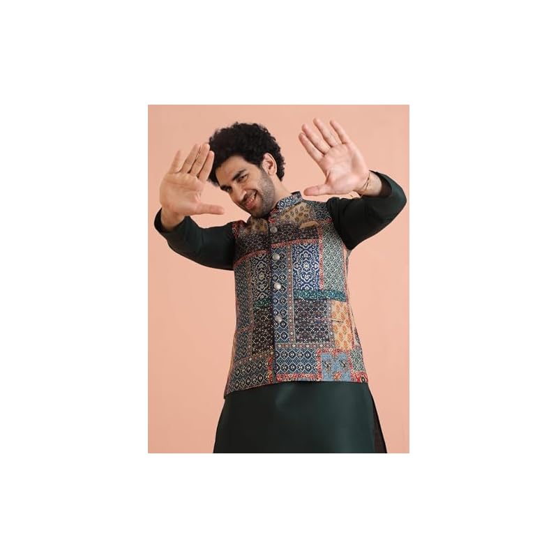 Kisah Men' Ethnic Wear Regular Fit Printed Cotton Blend MultiGreen Nehru Jacket4