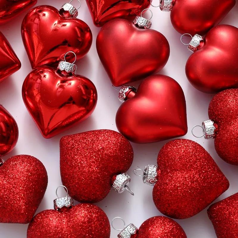 24pcs Red Glitter Love Heart Hanging Ornaments Romantic Heart Balls Christmas Tree Decor DIY Valentines Wedding Party Supplies