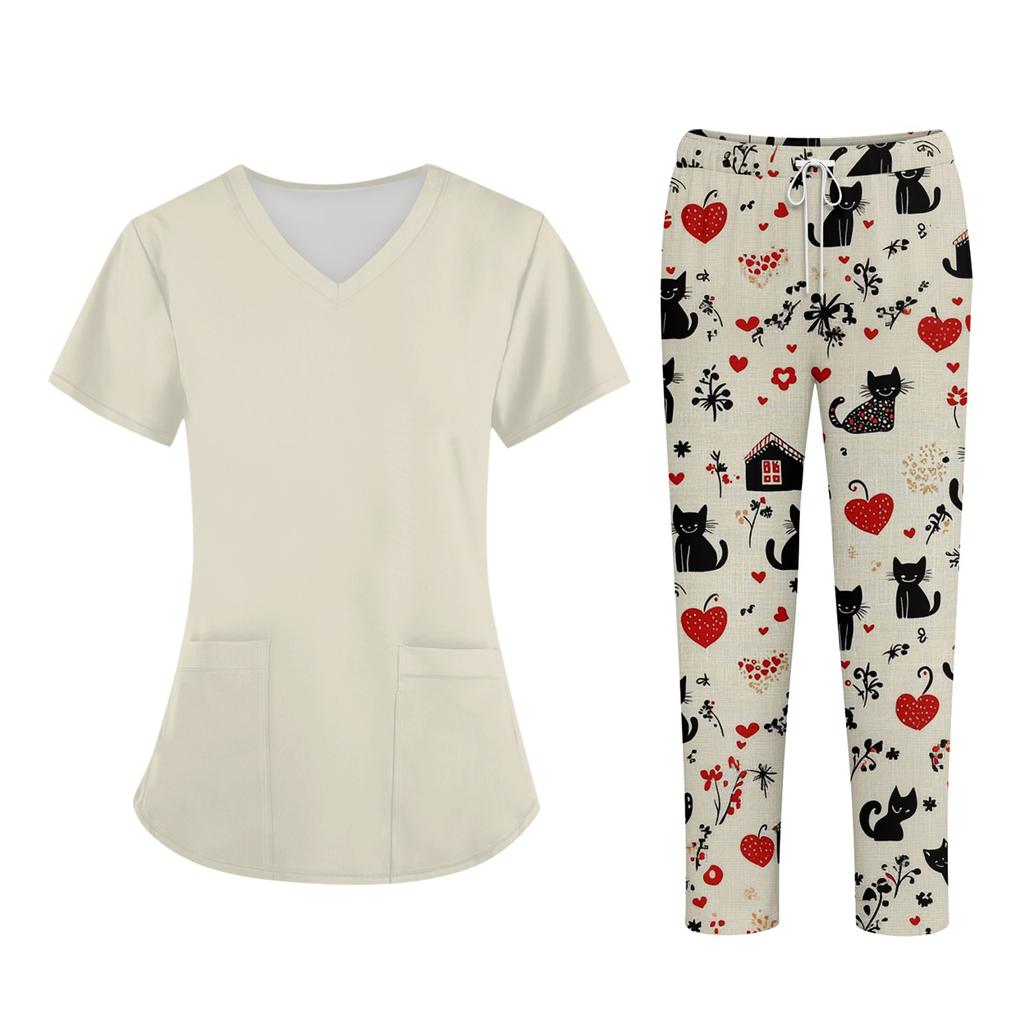 Плюс размерСкраб с принтом Рабочая форма Топы для женщин Крест V-образным вырезом Хэллоуин Принт с короткими рукавами Забавные футболки Спецодежда Футболка с карманами