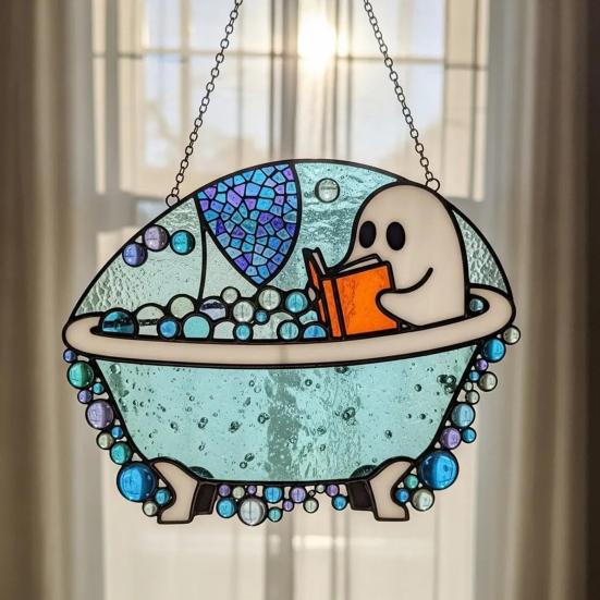 Bath-Time Ghost Reader Ornaments Cute Ghost Reading Book In A Bathtub Acrylic Hanging Suncatcher for Bathroom Window Wall Decoration
