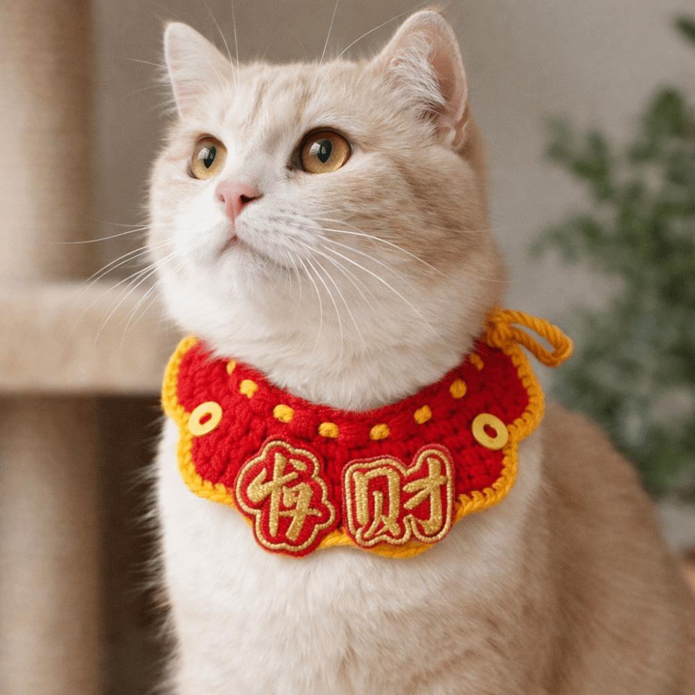 Festive Gifts Cartoon Chinese Style Pet Scarf Handmade Red Cat Knitted Scarf Funny Adjustable New Year Dog Costume Pet Costume