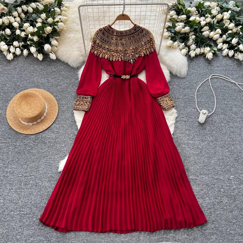 Temperament Robe Femme Maxi Dresses for Women Long Sleeve O-neck Sequin Slim Waist Vintage Pleated Dress 2025 Vestidos De Mujer