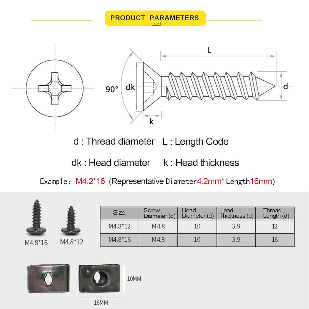 Minho 200Pcs Automotive U Tape Clip Fastener Kit, 50Pcs #10 X 1/2" Self-Tapping Screw +50Pcs #10 X 5/8" Self-Tapping Screw +100Pcs U Tape Clips,Metal