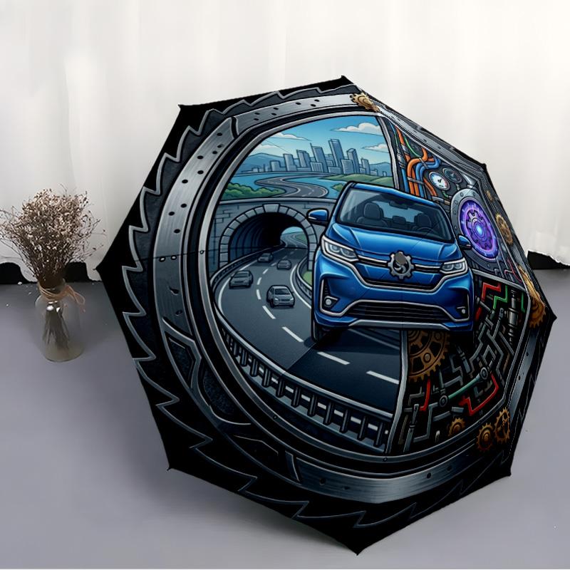 Futuristic Urban Mobility pattern umbrella, portable and foldable design, 8 ribs, a casual accessory for Halloween, Christmas, and birthday gifts.