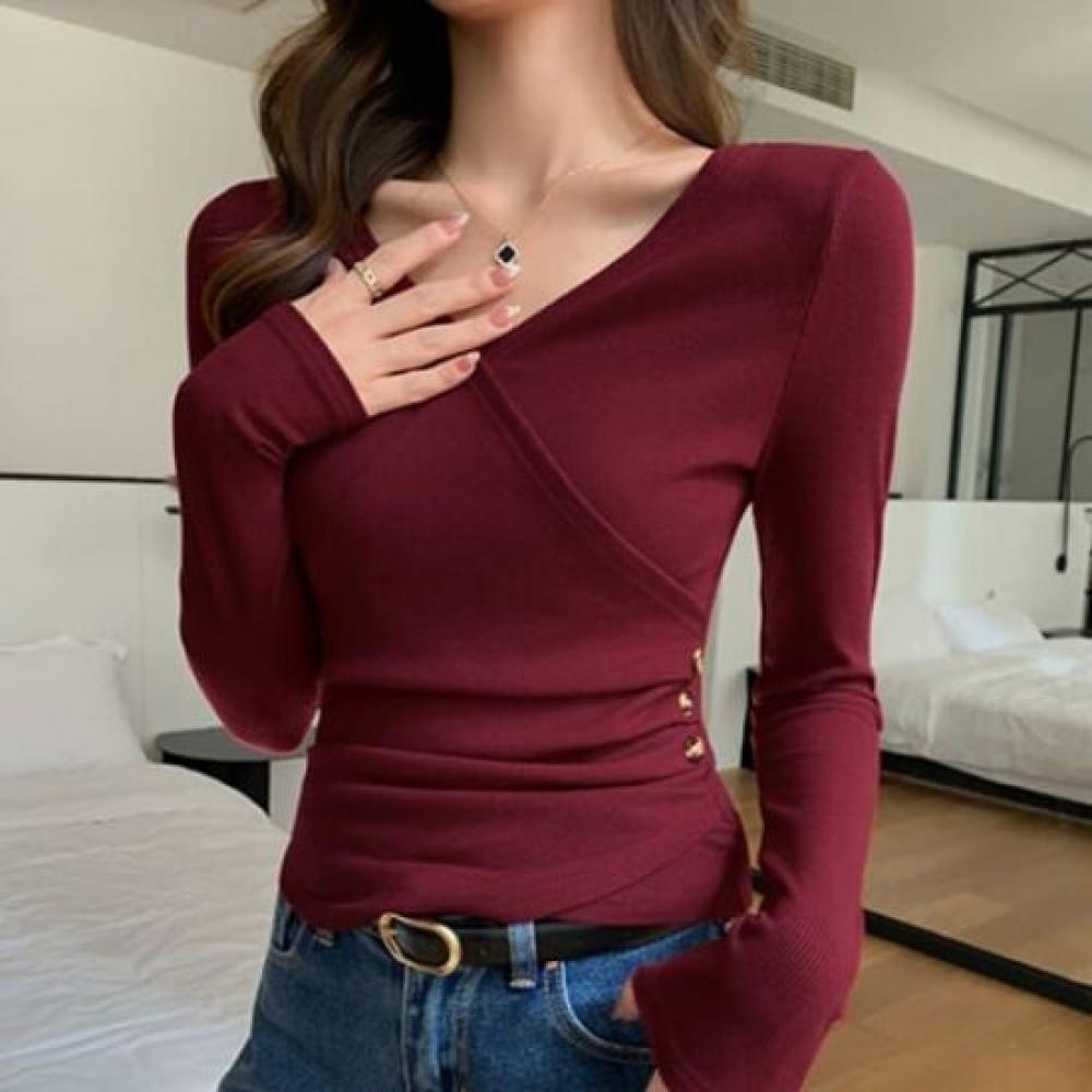 NaVaVa Women Slim Rib Wrap V Neck Long sleeVe T shirT nT3213