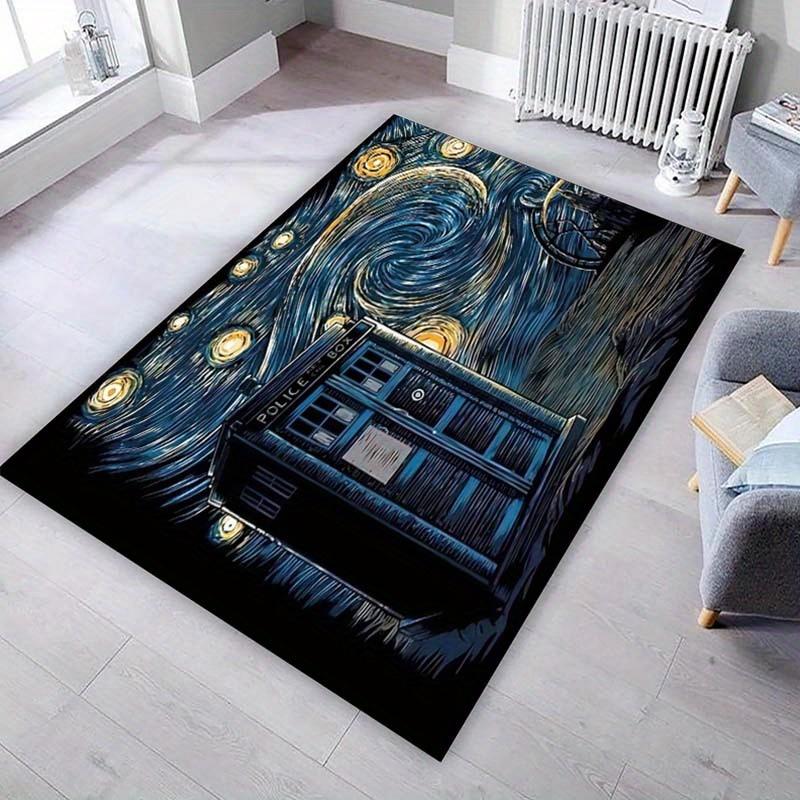 Van Gogh Starry Night & TARDIS Print Rug, Sci-Fi Police Box Non-Slip Floor Mat for Kids Room Living Room Bedroom Decor Carpet