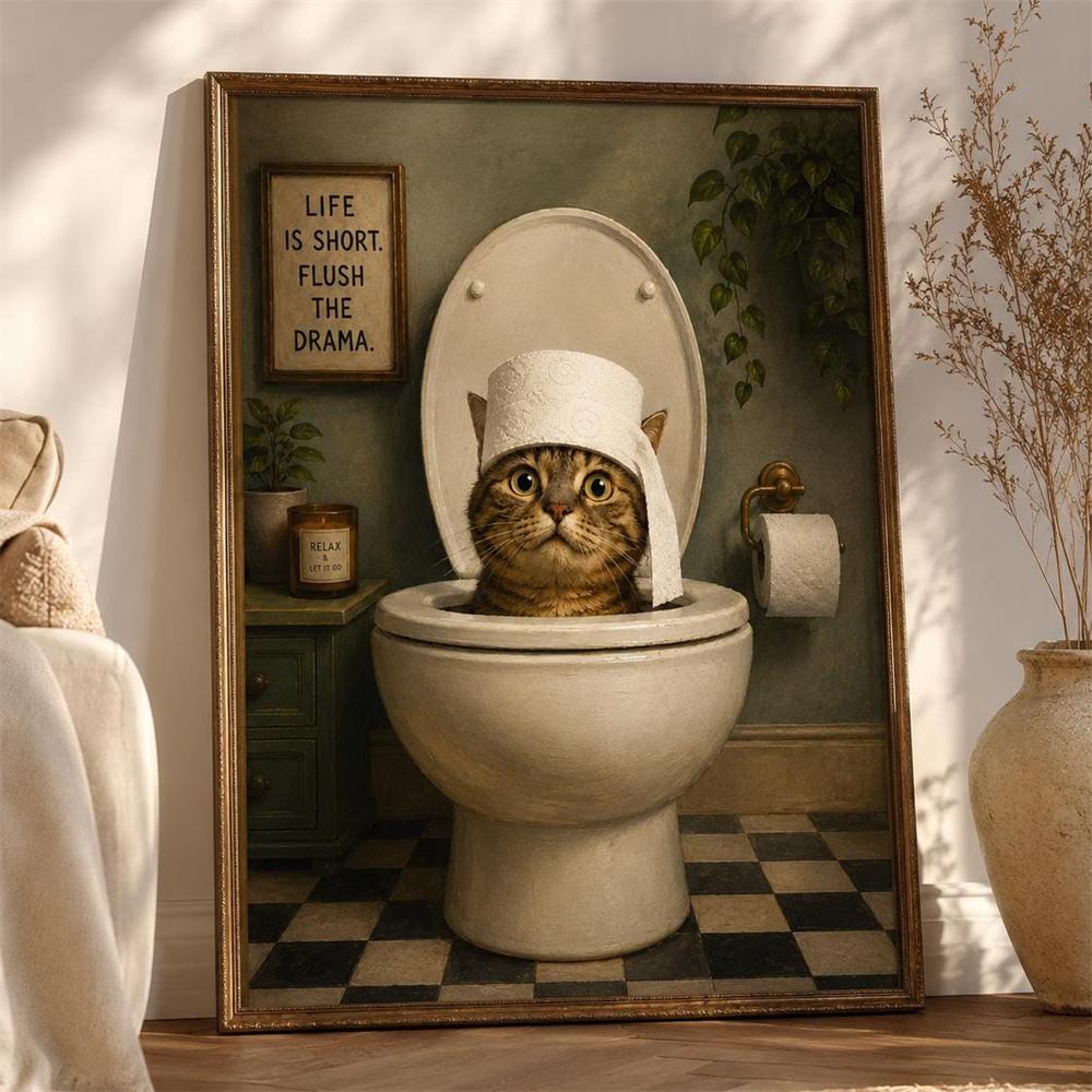 Funny Cat Toilet Art Prints Vintage Bathroom Poster Decor Humorous Wall Print Canvas Painting Toilet Decor