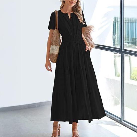 Женское летнее платье макси, повседневное платье с V-образным вырезом, коротким рукавом, многослойное струящееся платье, присборенная талия, плиссированное длинное платье