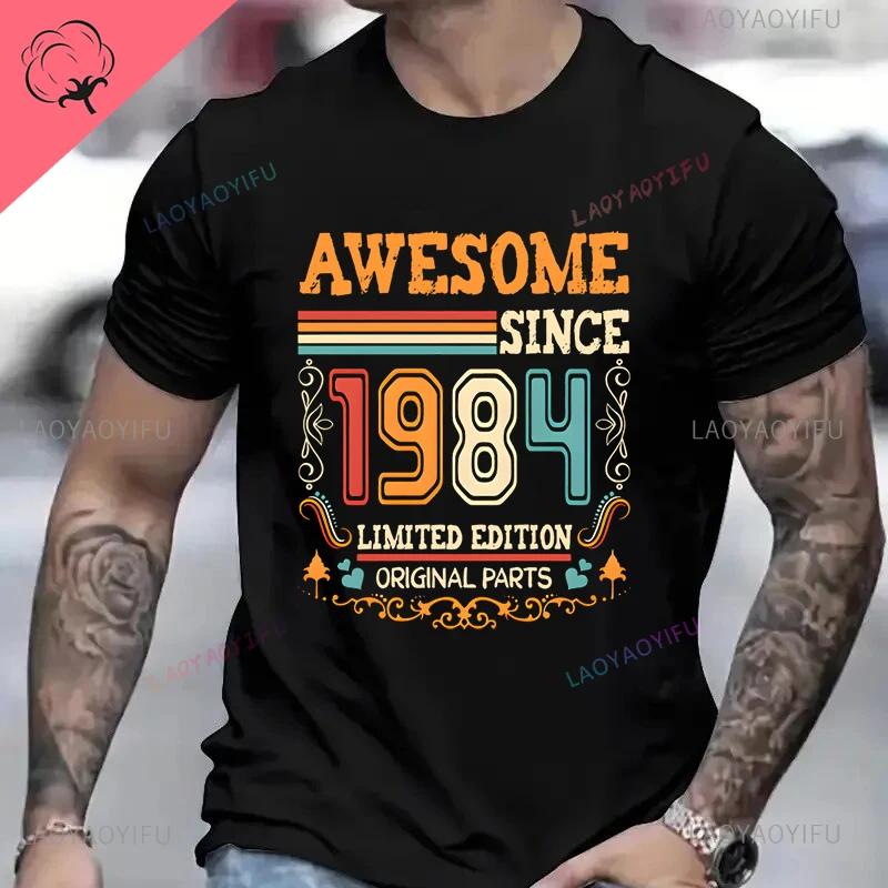Винтажные Хлопковые Футболки на День Рождения 1984 года для Мужчин Женщин с Коротким Рукавом Одежда Ретро Футболки Рожденные в 1984 году Одежда для Мужчин Топы Футболка
