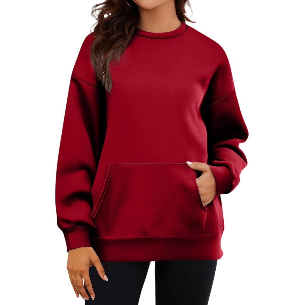 Women's Casual Fashion Long Sleeve Solid Color Round Neck Sweatshirt Top With Pockets