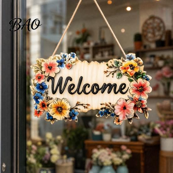 Durable Wooden Sign Floral Welcome Sign, Front Door Ornaments, Flower Hanging Long-lasting Outdoor for Summer Farmhouse Home Coffee Shop Window