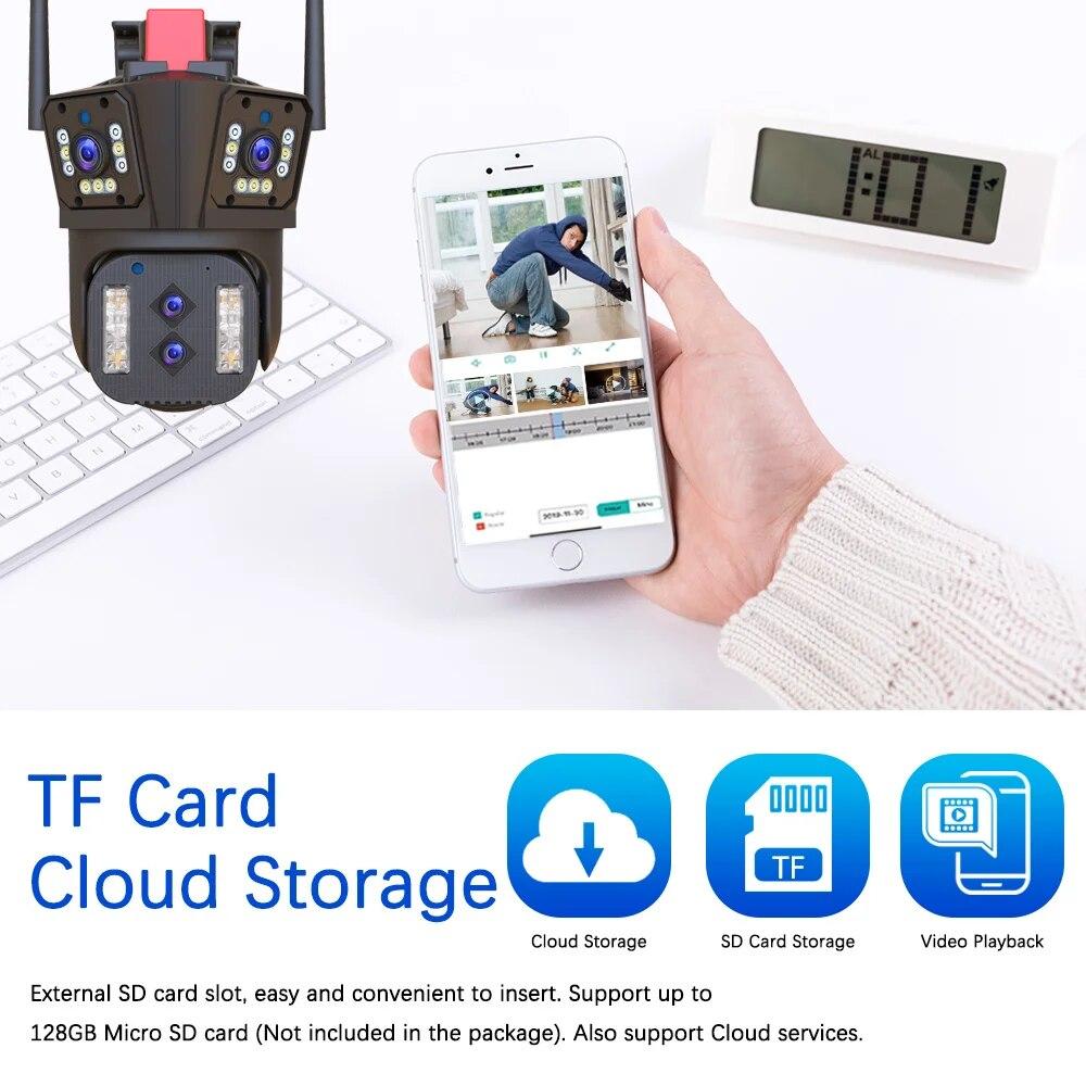 LS VISION 16MP 8K IP Camera 10X Zoom Outdoor Four Lenses Three-Screen PTZ WiFi Camera Security Protection CCTV Color Night Vision Cam Home Security