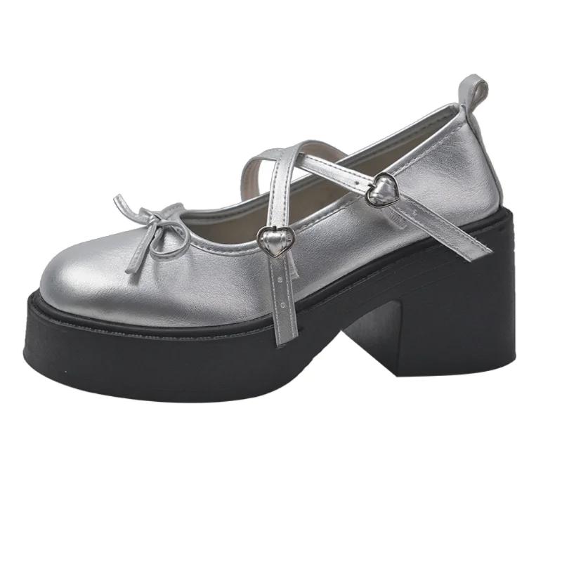 Новые Модные и Универсальные - Однотонные Женские Туфли Круглый Носок Толстый Каблук Декорированные Бантом Ремешок с Пряжкой