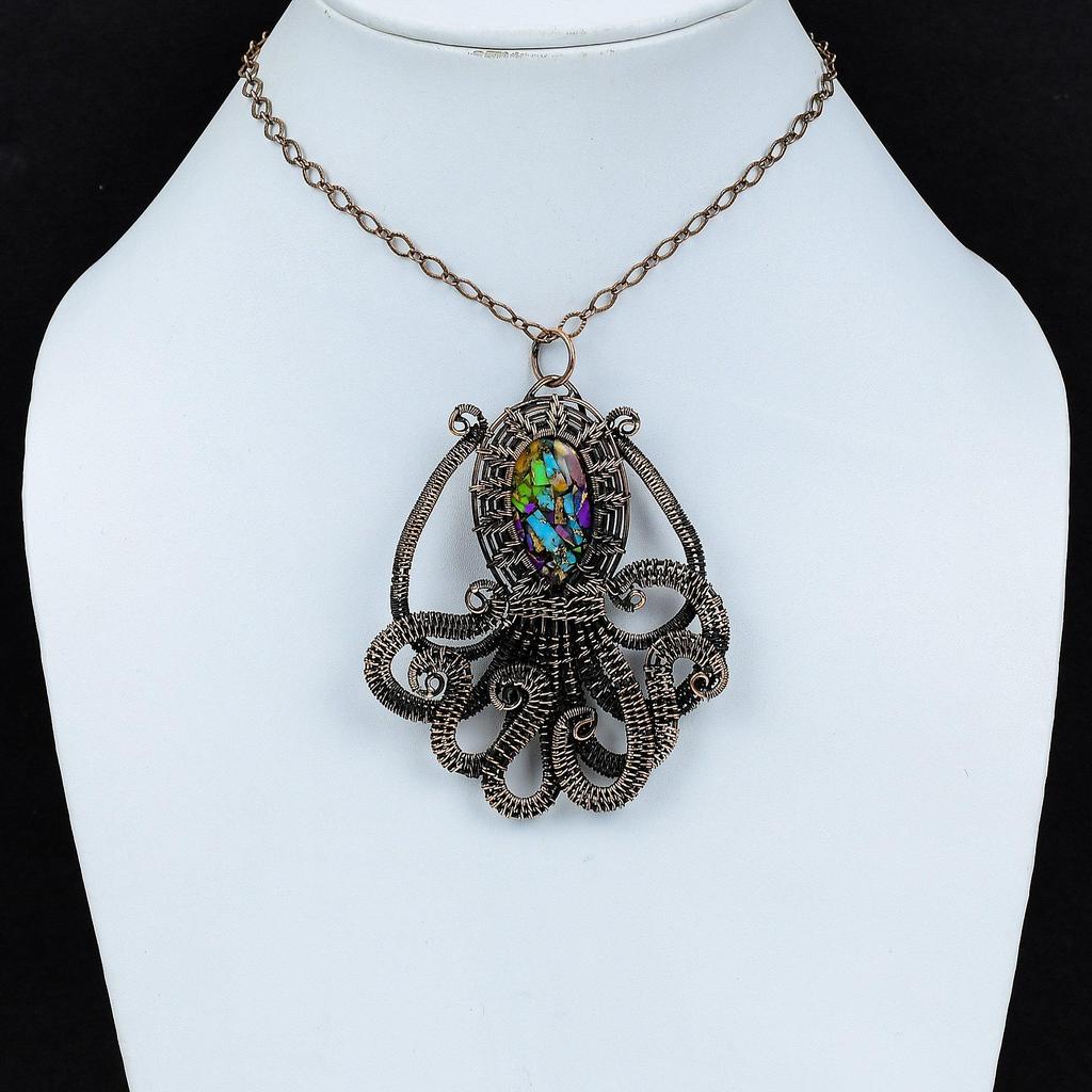 Fiesta Kingman Бирюзовый кулон Медная проволока обернутый драгоценный камень кулон Multi Медный бирюзовый кулон Осьминог ручной работы Медные украшения