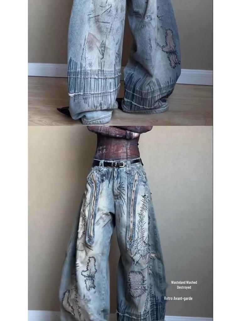 Women's Plus Size Retro Knife-Design Wide-Leg Jeans: Washed, Stained, Curved, Draping Long Pants