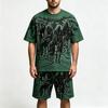 Summer Fashion Gothic Style Vintage Death Knight Printed Round Neck Short Sleeved T-Shirt And Shorts Set Men's and Women's T-shirt Shorts Set