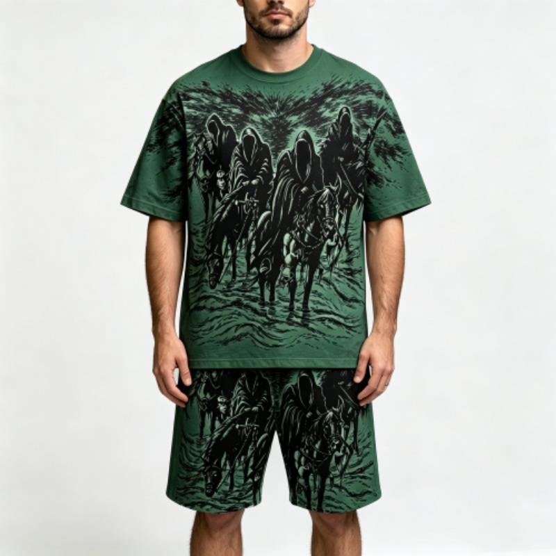 Summer Fashion Gothic Style Vintage Death Knight Printed Round Neck Short Sleeved T-Shirt And Shorts Set Men's and Women's T-shirt Shorts Set