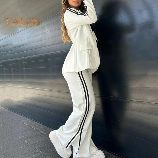 Комплект из 2 предметов: пальто и брюки для леди, отложной воротник, длинные рукава, свободные полосатые брюки с широкими штанинами, повседневная одежда для поездок на работу