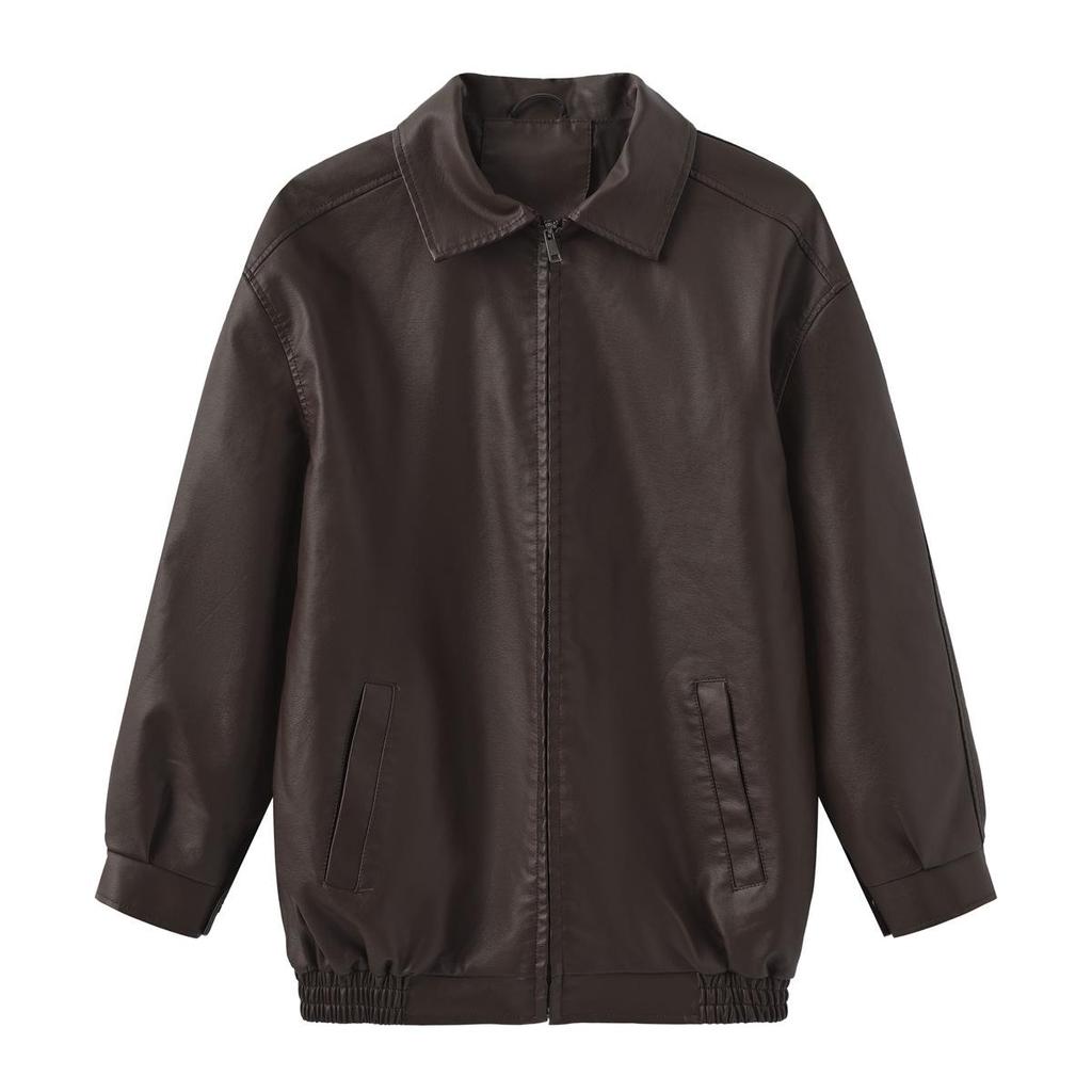 Осень-зима Женская приталенная куртка из искусственной кожи с воротником-лацканами и длинным рукавом на молнии