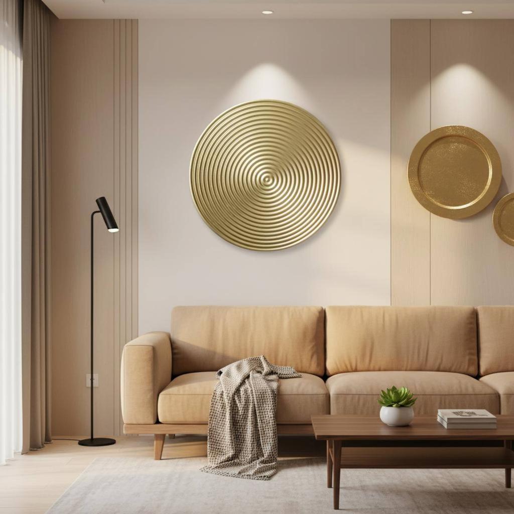 Round Metal Wall Decoration Shiny Finish Circular Ribbed Wall Plaque Large Modern Design