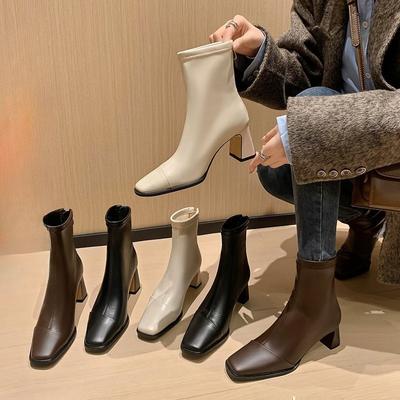 Giant Skinny~ Узкие ботинки с квадратной головкой и молнией сзади, женские короткие ботинки 2024 года для пригородных поездок на толстом каблуке