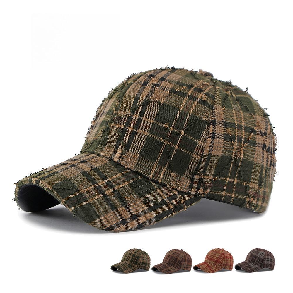 Unisex Vintage Plaid Baseball Cap, Distressed Frayed Brim Diamond Stitching, American Retro Casual Duckbill Hat