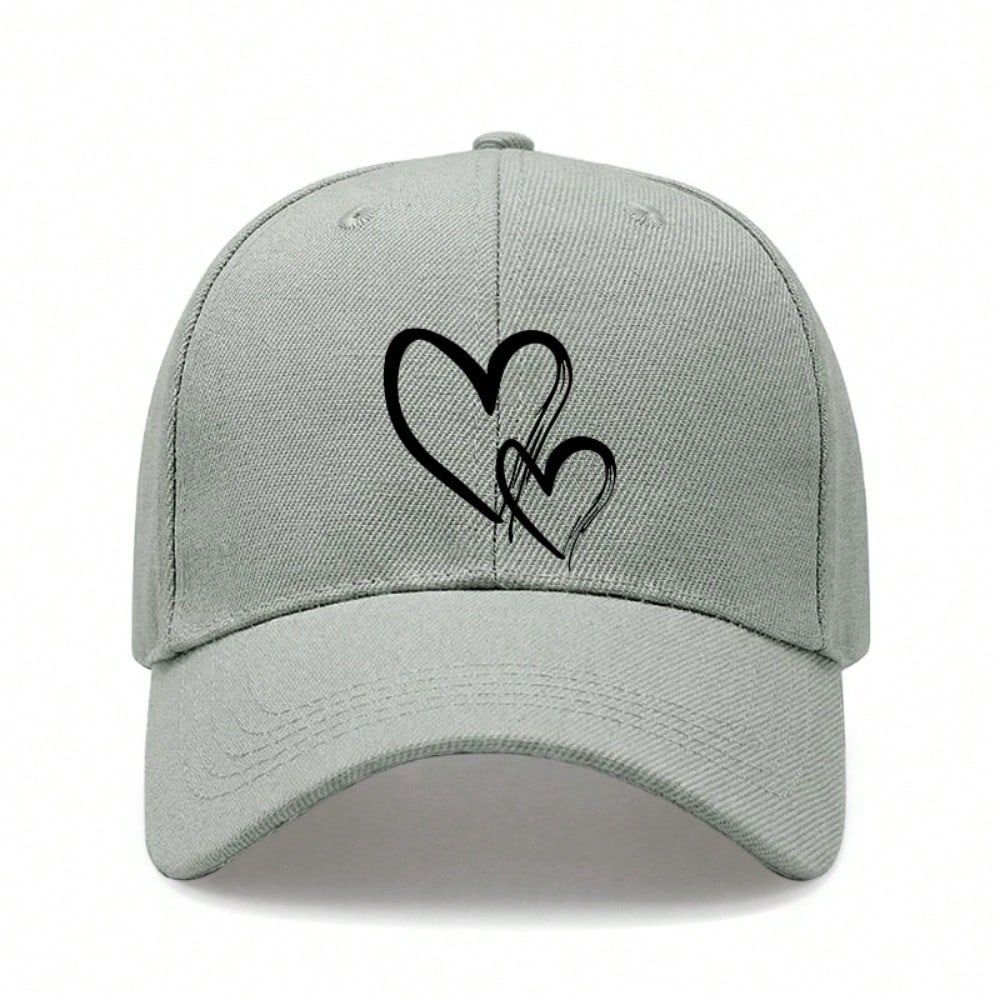 [Heart Print Baseball Cap] 2024 New Style Off-White Polyester Adjustable Breathable Casual Outdoor Sports Baseball Hat For Women Men Daily Wear