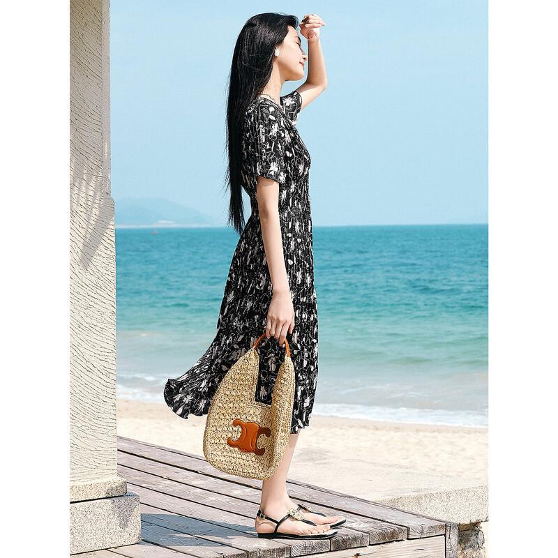 Annakou Elegant Pleated Print Midi Dress