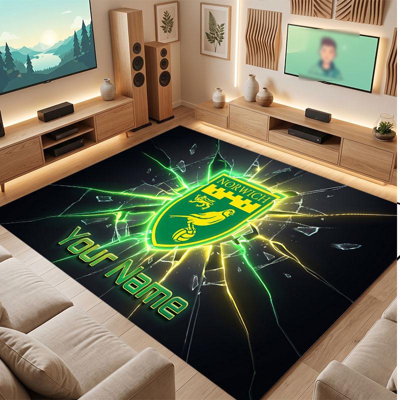 Norwich City Custom Crystal Velvet Rug, Personalized Name Text Print, Football Logo Soft Non‑Slip Floor Mat Home Decor Gift