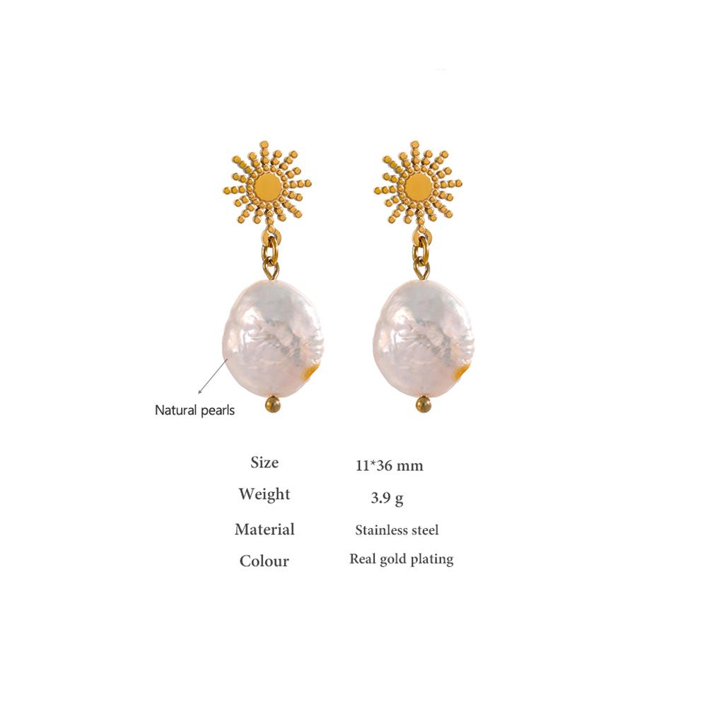 Yhpup Natural Freshwater Pearl Dangle Earrings Stainless Steel Sun Celestial Hanging Earrings for Women Aretes De Mujer Gift