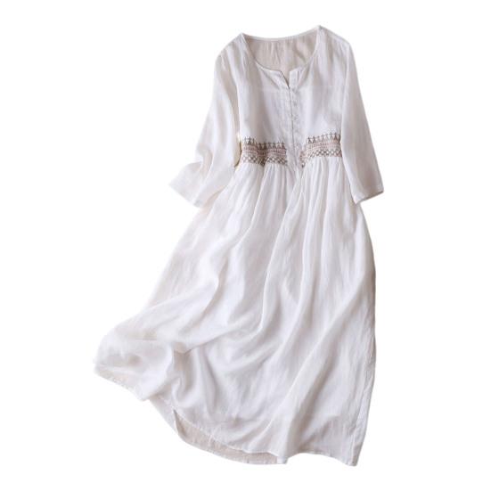 Весеннее летнее платье с вышивкой, рукавом девятый, свободное платье миди, легкое платье с круглым вырезом