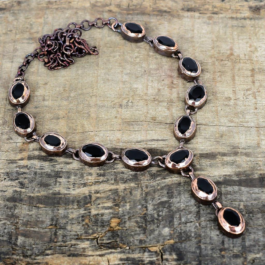 Ожерелье из граненого черного оникса, гальванизированная медь, регулируемая цепочка, ожерелье из драгоценного камня, медные украшения, ручная работа, ожерелье с камнем рождения, свадебный подарок
