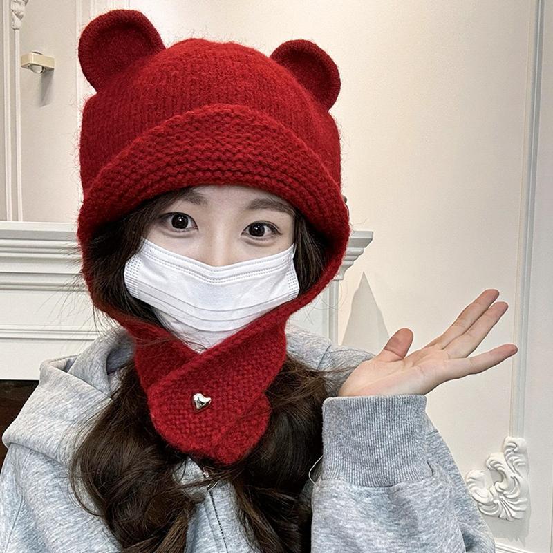 Женская зимняя японская симпатичная вязаная шапка-бомбер с ушками, круглая шапка с медвежьими ушками, защитные шапочки-бини
