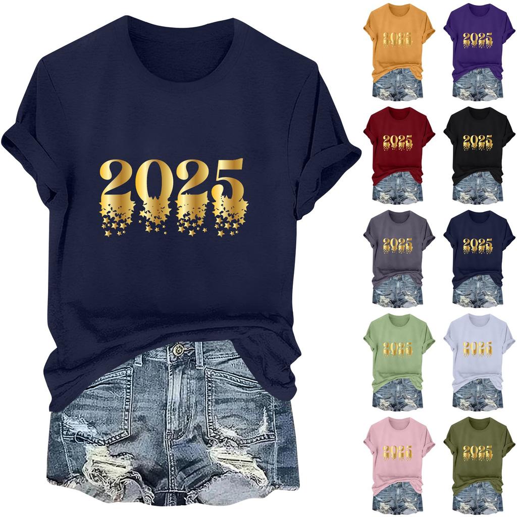 Ladies Casual 2025 New Year Printed Round Neck Short Sleeve T-Shirt Top