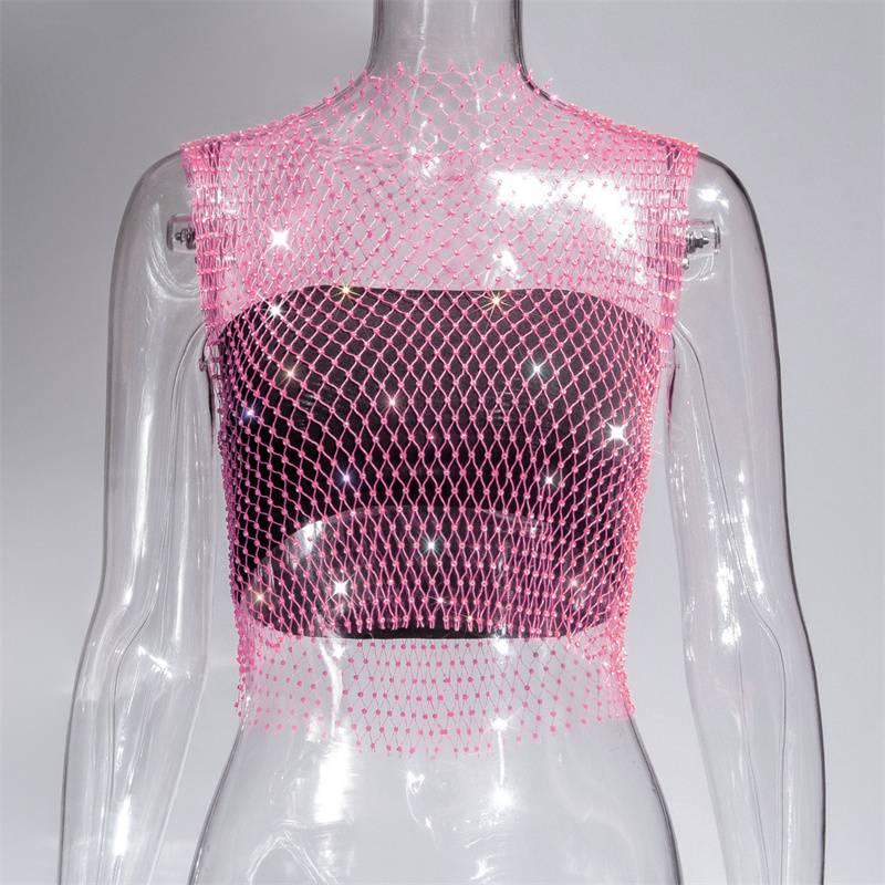 Leqoel Sexy Mesh Out Backless Tank Hollow Summer Rhinestones Tops New Fashion Party See Through Fishnet Crop for Women