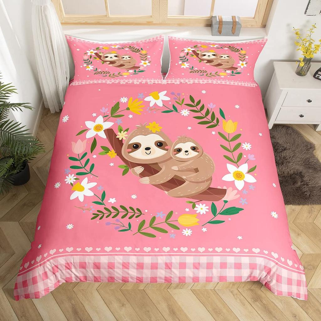 Comforter Kawaii Rabbit Cartoon Animal Bedding Set Geometry Grid Checkered Comforter Colorful Flowers Butterfly Bed Set