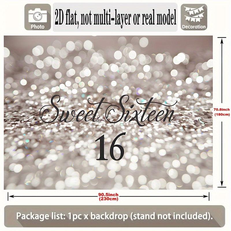 Sweet Sixteen Birthday Banner, Silver White Sparkle Backdrop Wall Decor for Party