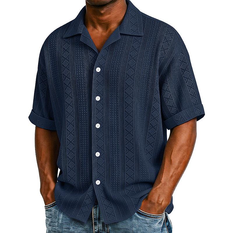 Men Cuban Collar Geometric Jacquard Full Button Short Sleeve Casual Shirt