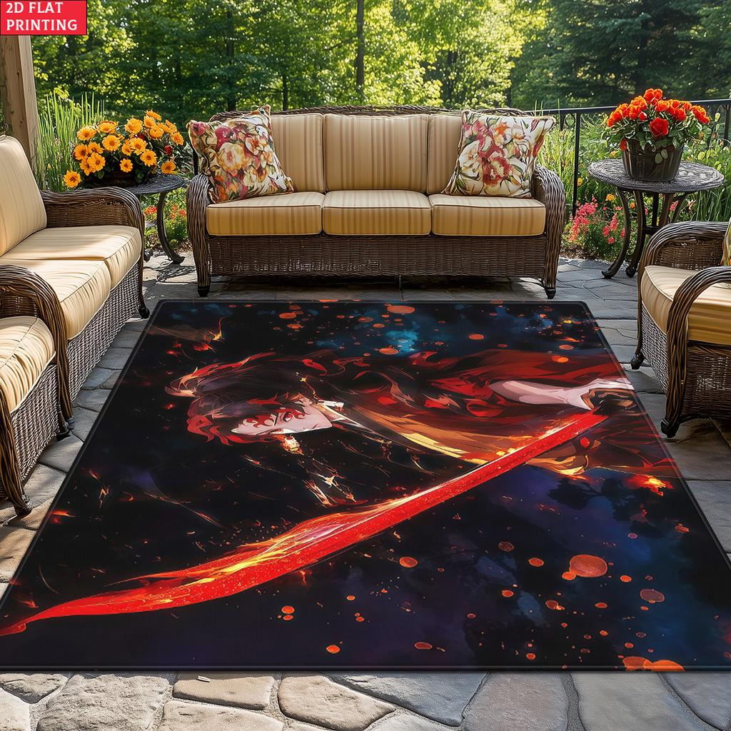 Anime Swordsman Area Rug, Red Flame Theme Non-slip Floor Mat,Decorative Carpet for Gaming Room Bedroom, Washable Home Decor Gift