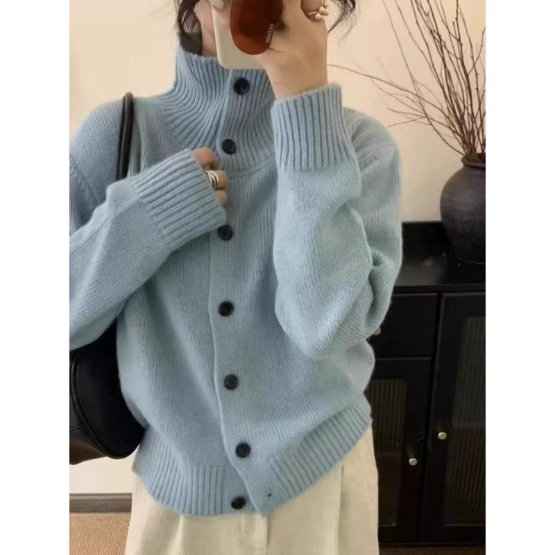 Women's High Neck Wool Cardigan: Cozy, Thickened Knitwear for Autumn & Winter - Loose, Fashionable Button-Up Sweater
